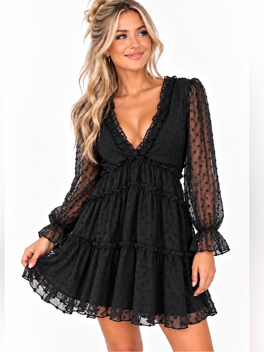 NWT JUSTIFY Black Swiss Dot Chiffon Tiered Ruffle Mini Dress Size L